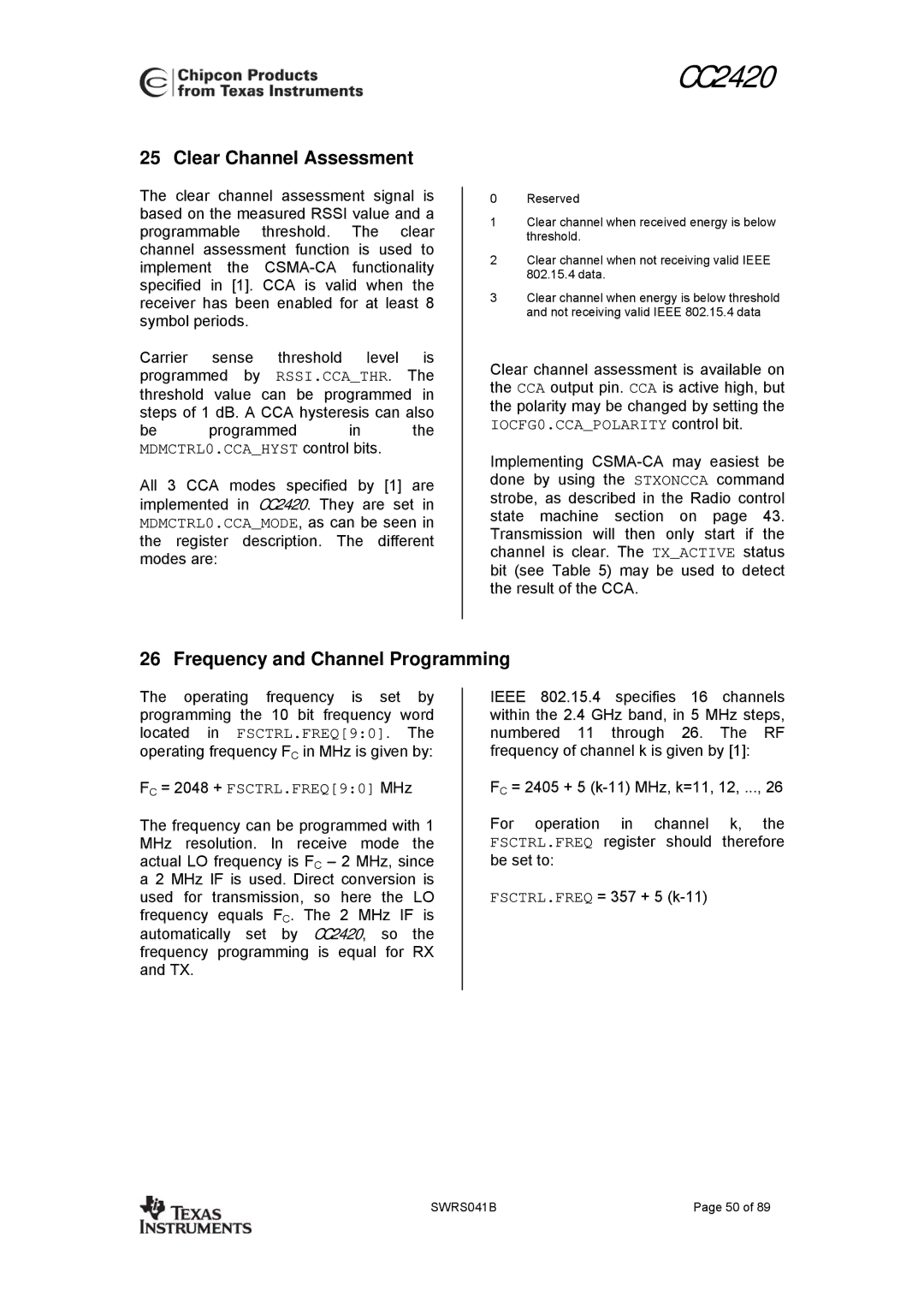 Texas Instruments 3138 155 232931 manual Clear Channel Assessment, Frequency and Channel Programming 