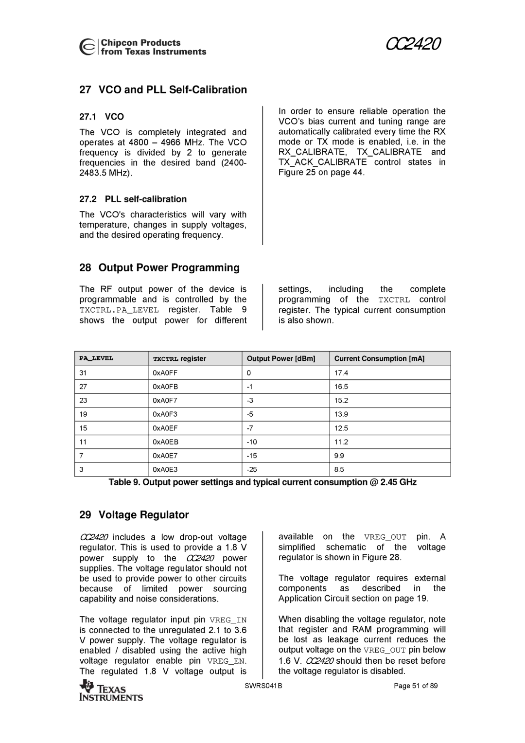 Texas Instruments 3138 155 232931 VCO and PLL Self-Calibration, Output Power Programming, Voltage Regulator, 27.1 VCO 