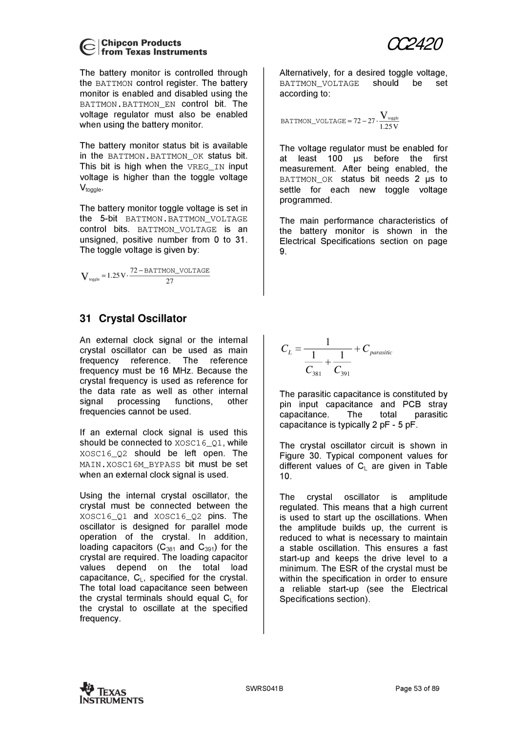 Texas Instruments 3138 155 232931 manual Crystal Oscillator 