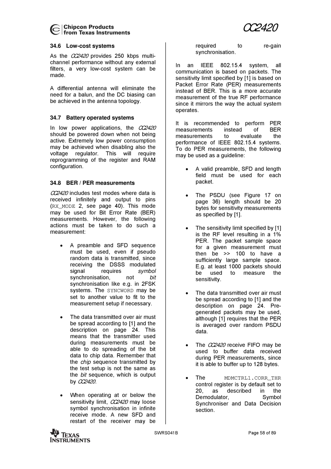 Texas Instruments 3138 155 232931 manual Low-cost systems, Battery operated systems, BER / PER measurements 