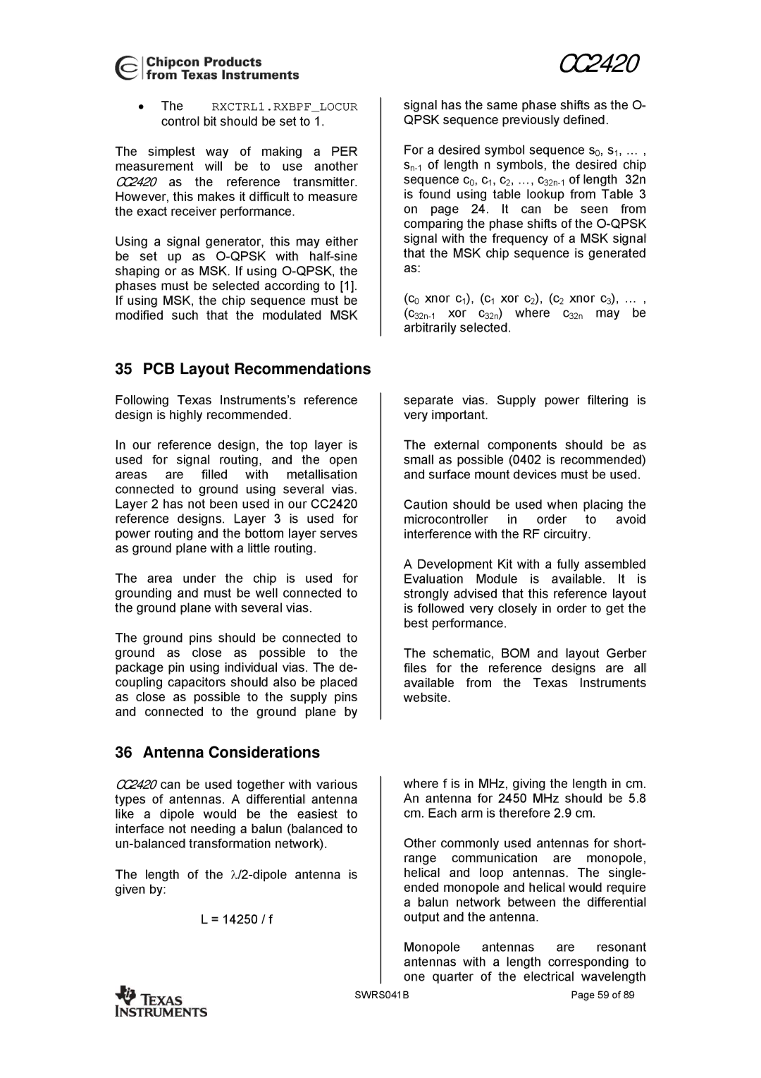 Texas Instruments 3138 155 232931 manual PCB Layout Recommendations, Antenna Considerations 