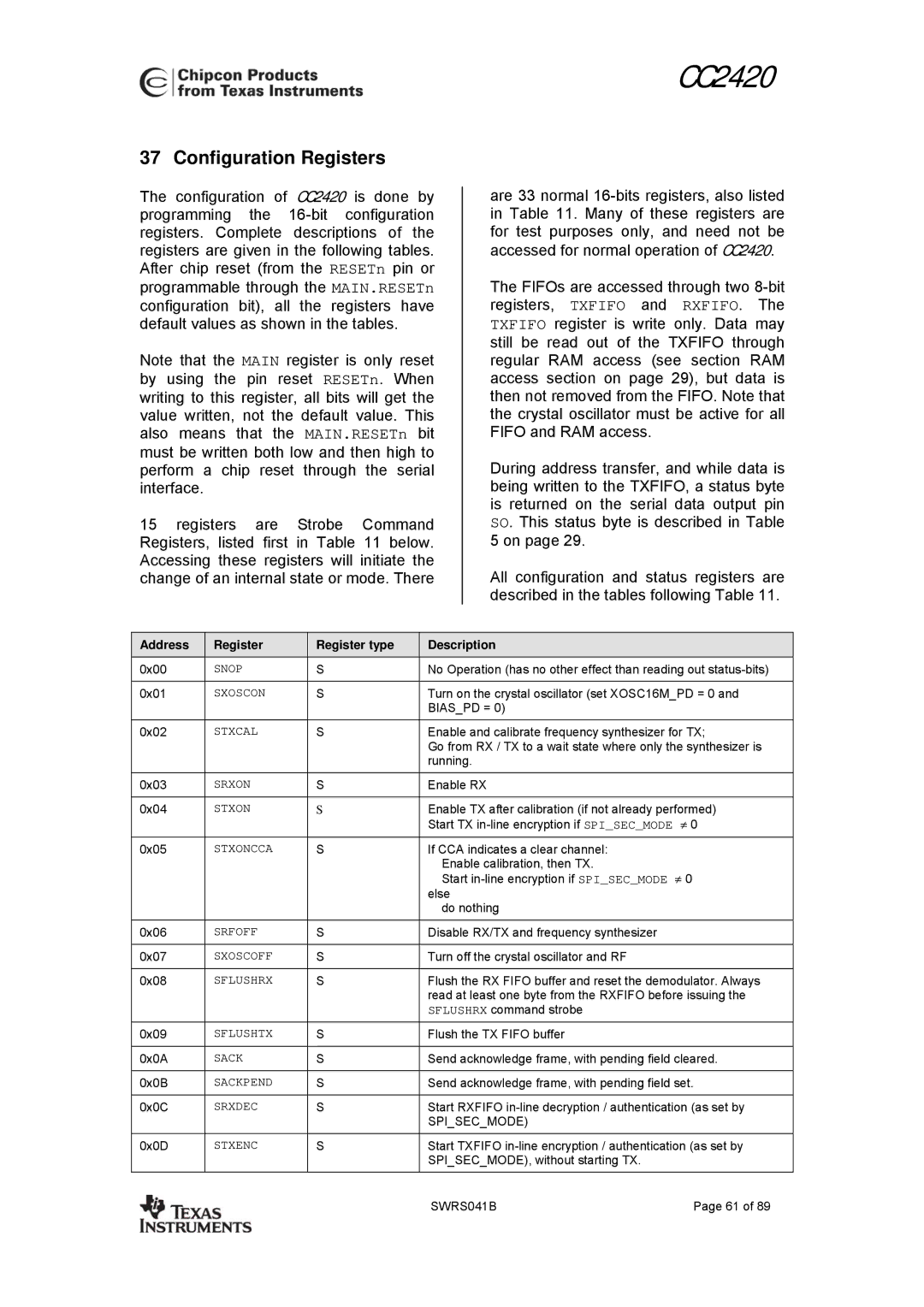 Texas Instruments 3138 155 232931 manual Configuration Registers, Address Register Register type Description 