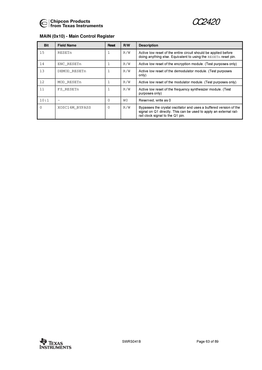 Texas Instruments 3138 155 232931 manual Main 0x10 Main Control Register, XOSC16MBYPASS, Bit Field Name Reset 