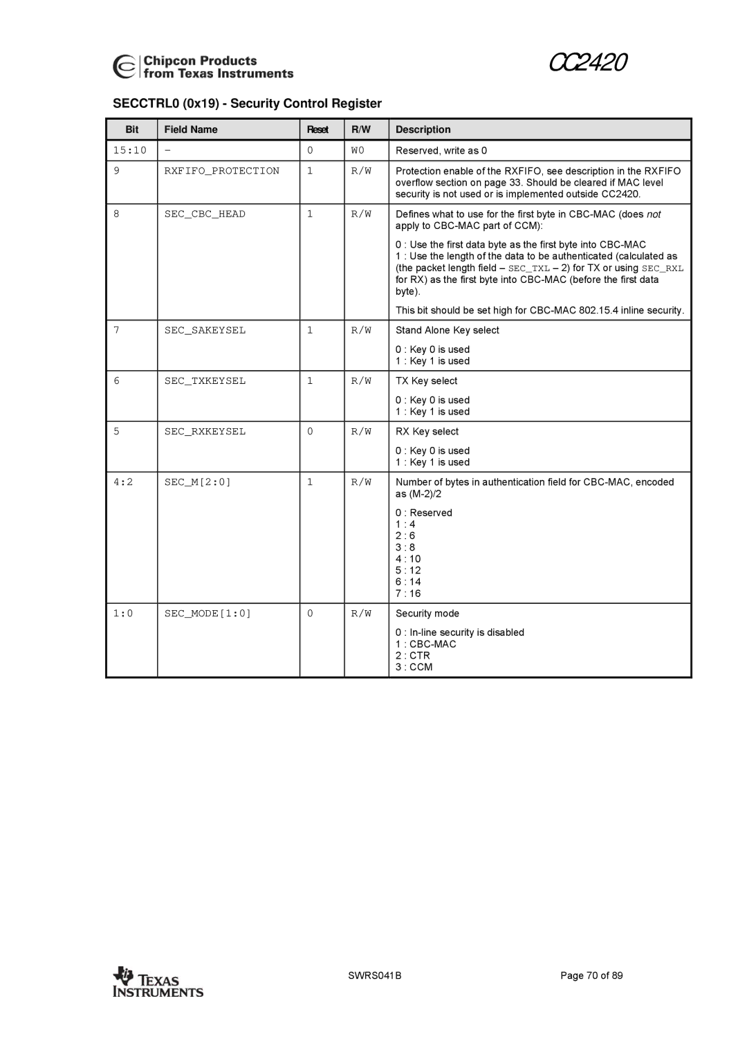 Texas Instruments 3138 155 232931 manual SECCTRL0 0x19 Security Control Register, SECMODE10 