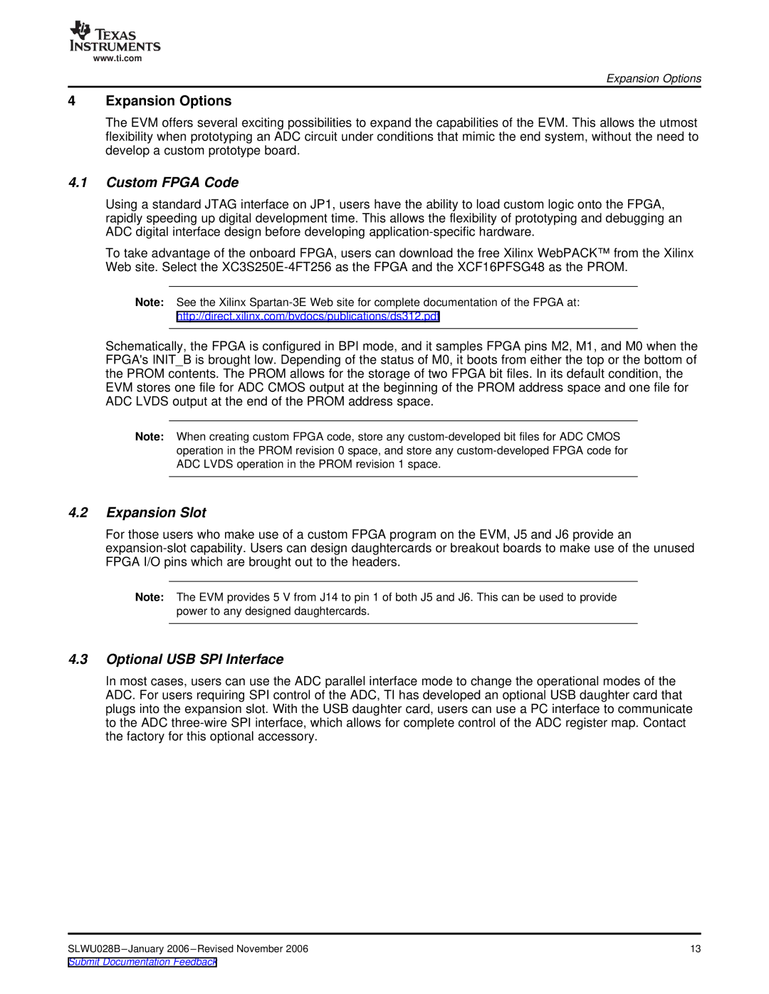 Texas Instruments 47, 46, 27, 45, ADS5525 manual Custom Fpga Code, Expansion Slot, Optional USB SPI Interface 