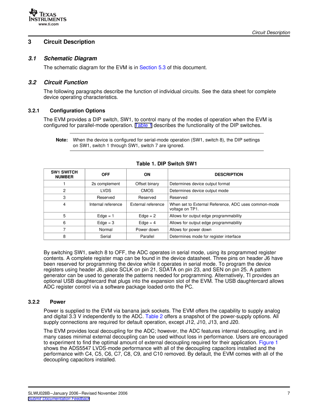 Texas Instruments 45, 46, 27, 47, ADS5525 Schematic Diagram, Circuit Function, Configuration Options, DIP Switch SW1, Power 