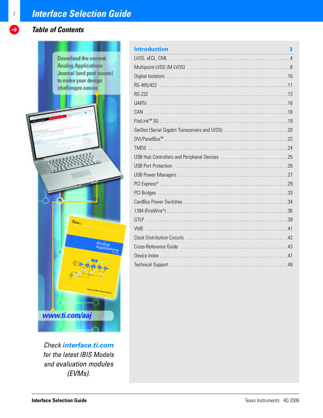 Texas Instruments 4Q 2006 manual Interface Selection Guide, Table of Contents 