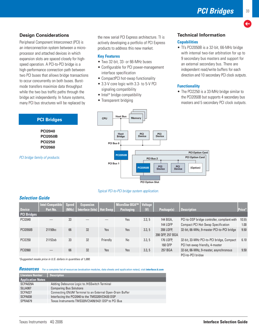 Texas Instruments 4Q 2006 manual PCI Bridges, Two 32-bit, 33- or 66-MHz buses, Capabilities, Functionality 