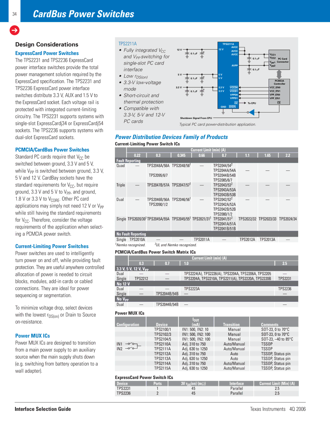 Texas Instruments 4Q 2006 manual CardBus Power Switches, Power Distribution Devices Family of Products 