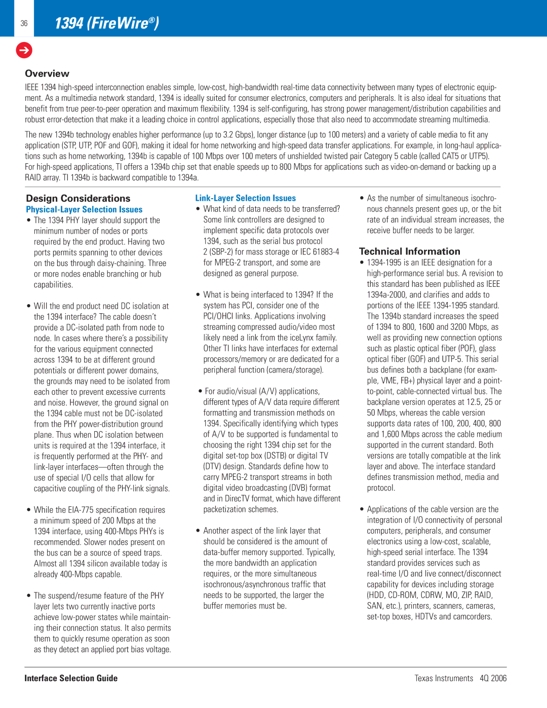 Texas Instruments 4Q 2006 manual 36 1394 FireWire, Overview, Physical-Layer Selection Issues, Link-Layer Selection Issues 