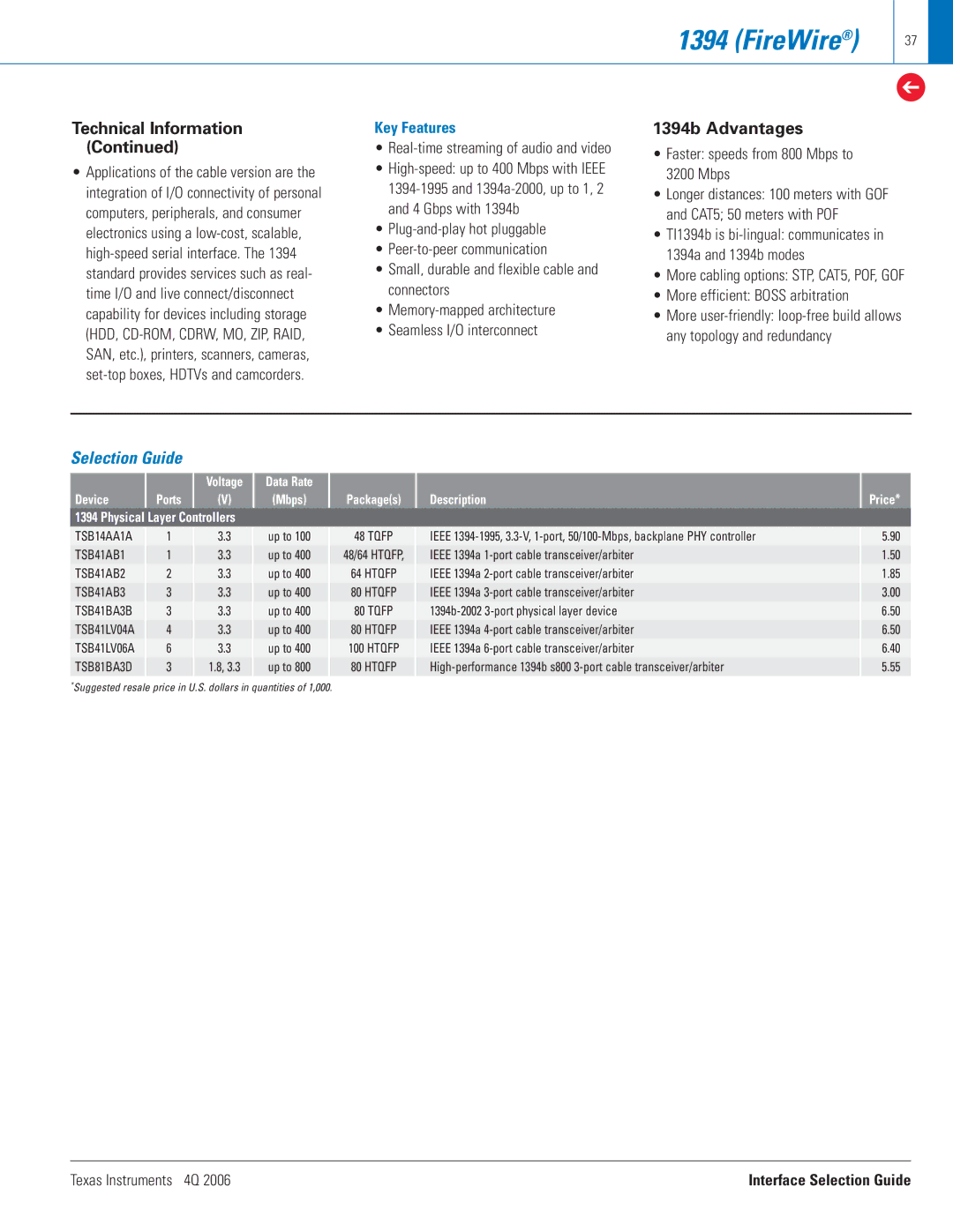 Texas Instruments 4Q 2006 manual 1394b Advantages, Real-time streaming of audio and video, More efficient Boss arbitration 