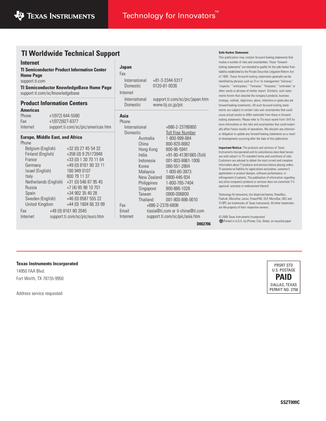 Texas Instruments 4Q 2006 manual Internet, Product Information Centers 