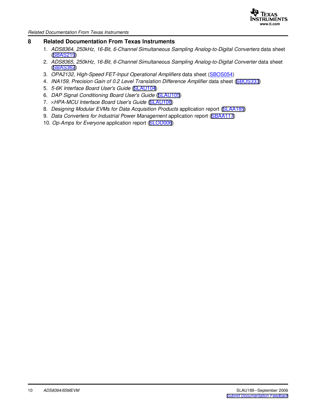 Texas Instruments 65MEVM, ADS8364 manual Related Documentation From Texas Instruments 