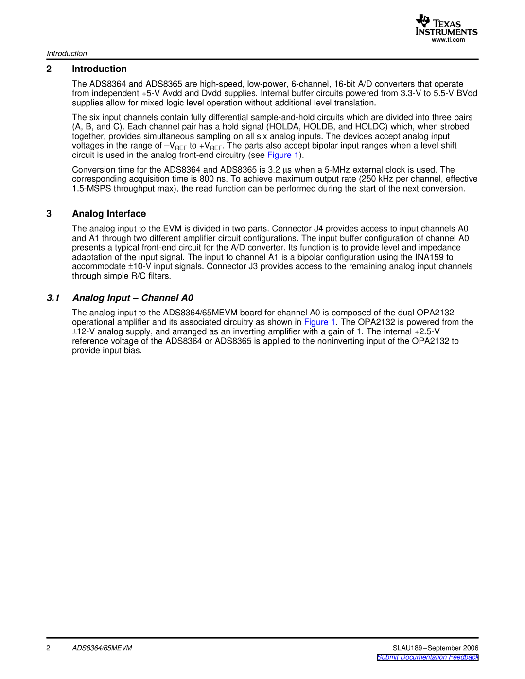Texas Instruments 65MEVM, ADS8364 manual Introduction, Analog Interface, Analog Input Channel A0 