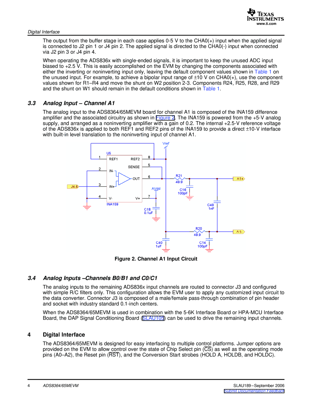 Texas Instruments 65MEVM, ADS8364 manual Analog Input Channel A1, Analog Inputs -Channels B0/B1 and C0/C1, Digital Interface 
