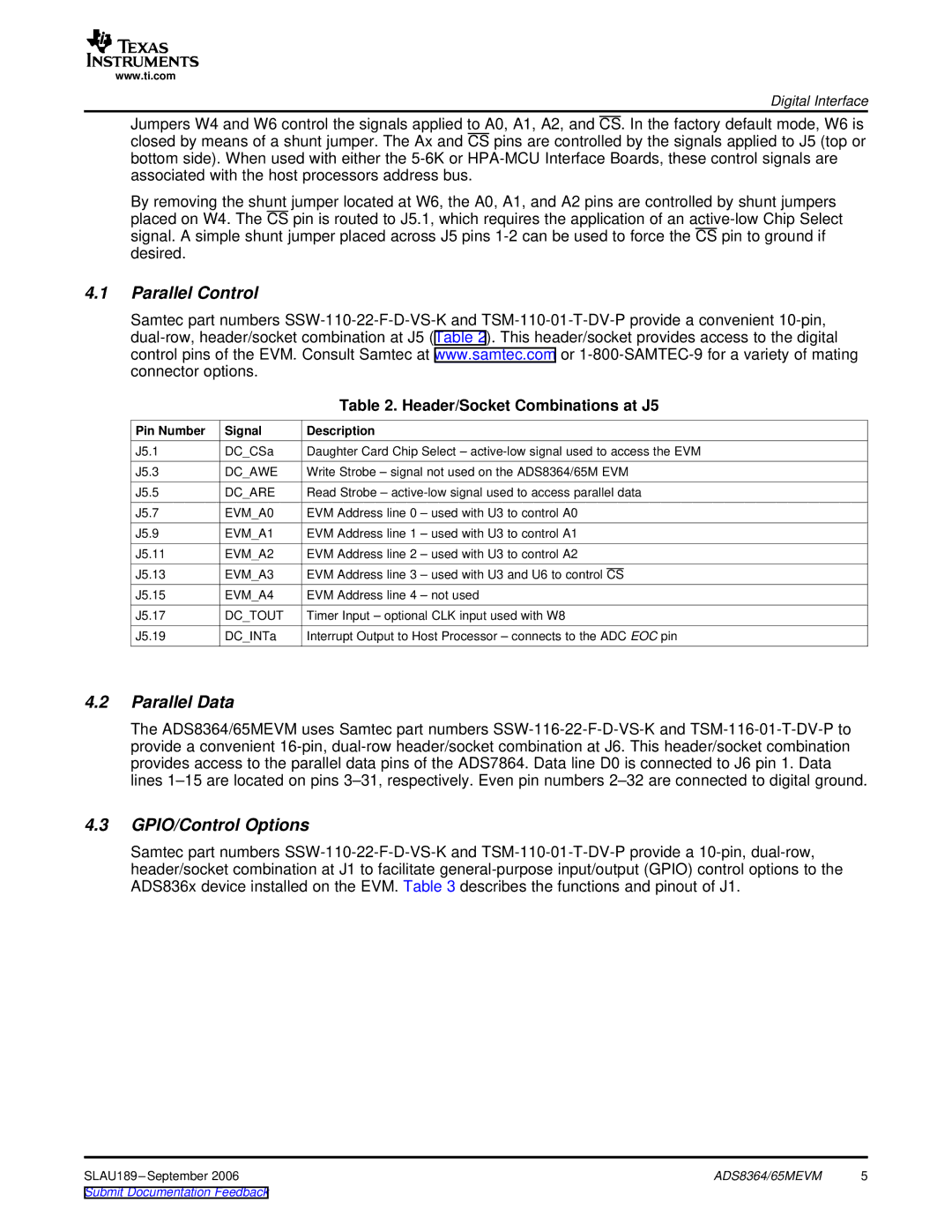 Texas Instruments ADS8364, 65MEVM Parallel Control, Parallel Data, GPIO/Control Options, Header/Socket Combinations at J5 