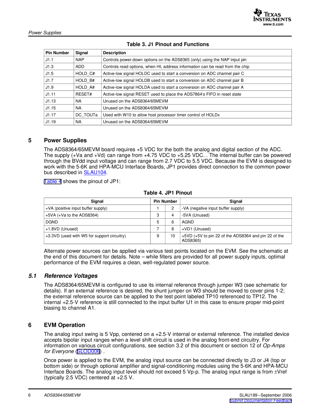 Texas Instruments 65MEVM, ADS8364 Power Supplies, Reference Voltages, EVM Operation, J1 Pinout and Functions, JP1 Pinout 