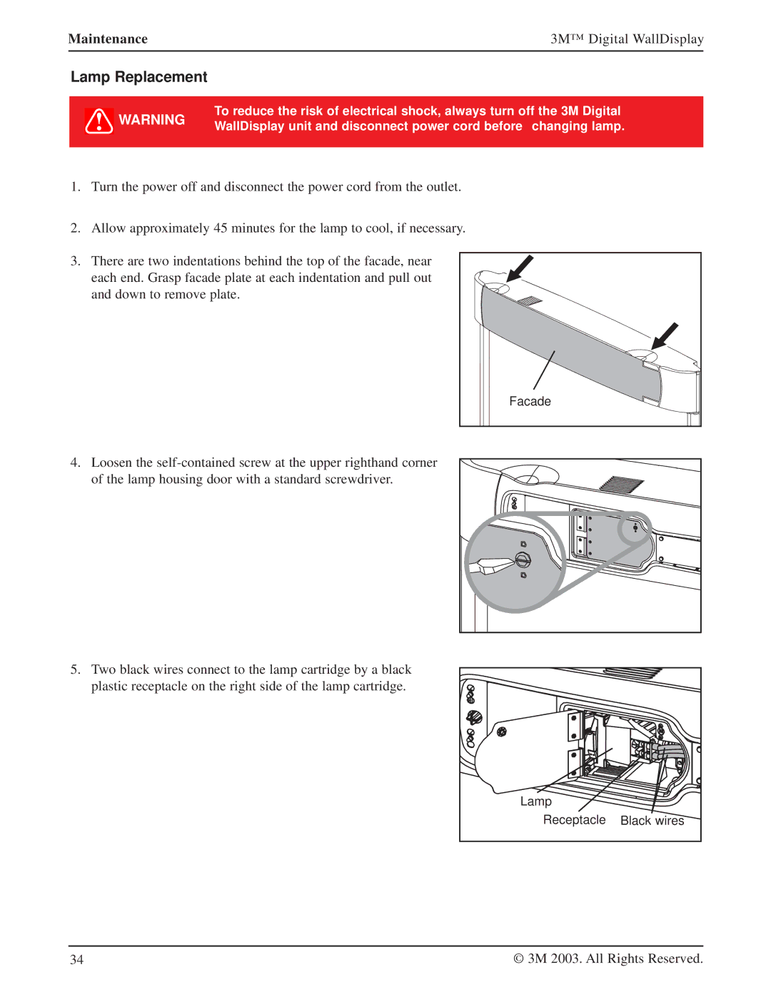 Texas Instruments 8200IC, 8200IW, 8100CB manual Lamp Replacement, Maintenance 3M Digital WallDisplay 