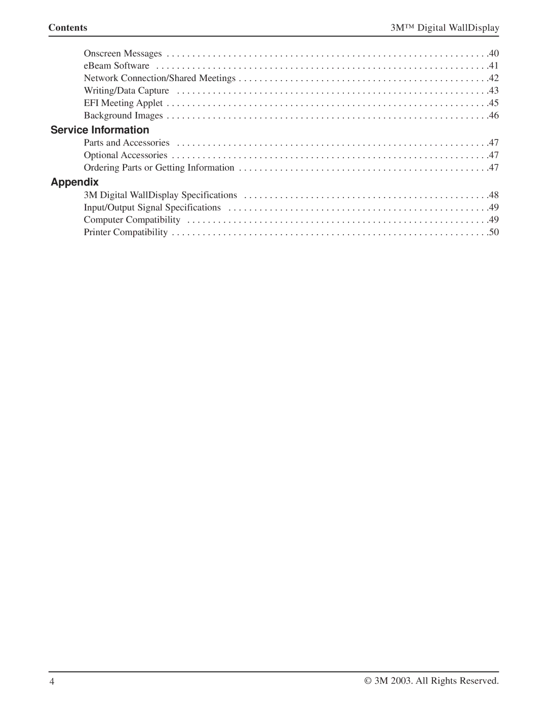 Texas Instruments 8200IC, 8200IW, 8100CB manual Service Information, Appendix, Contents 3M Digital WallDisplay 