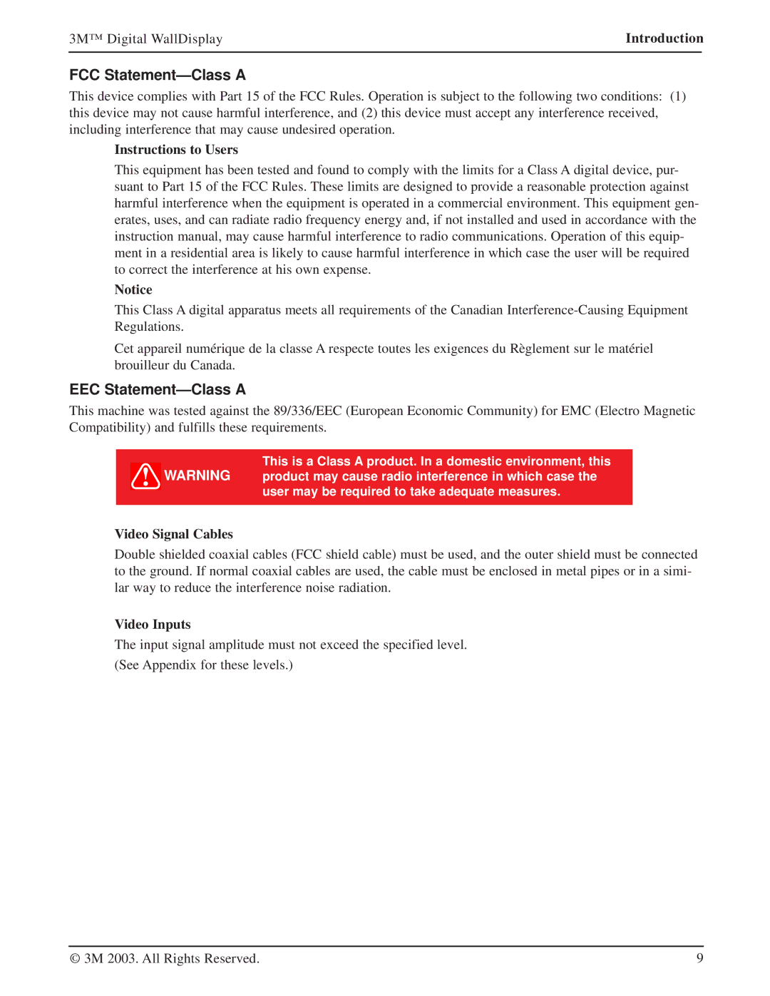 Texas Instruments 8200IW, 8200IC FCC Statement-Class a, EEC Statement-Class a, Instructions to Users, Video Signal Cables 