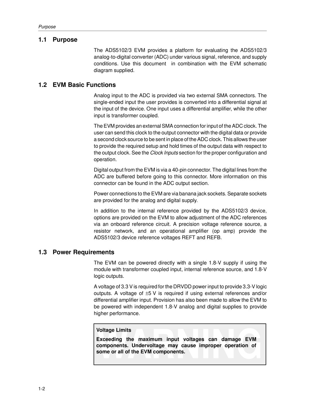 Texas Instruments ADS5102 EVM, ADS5103 EVM manual Purpose, EVM Basic Functions, Power Requirements 