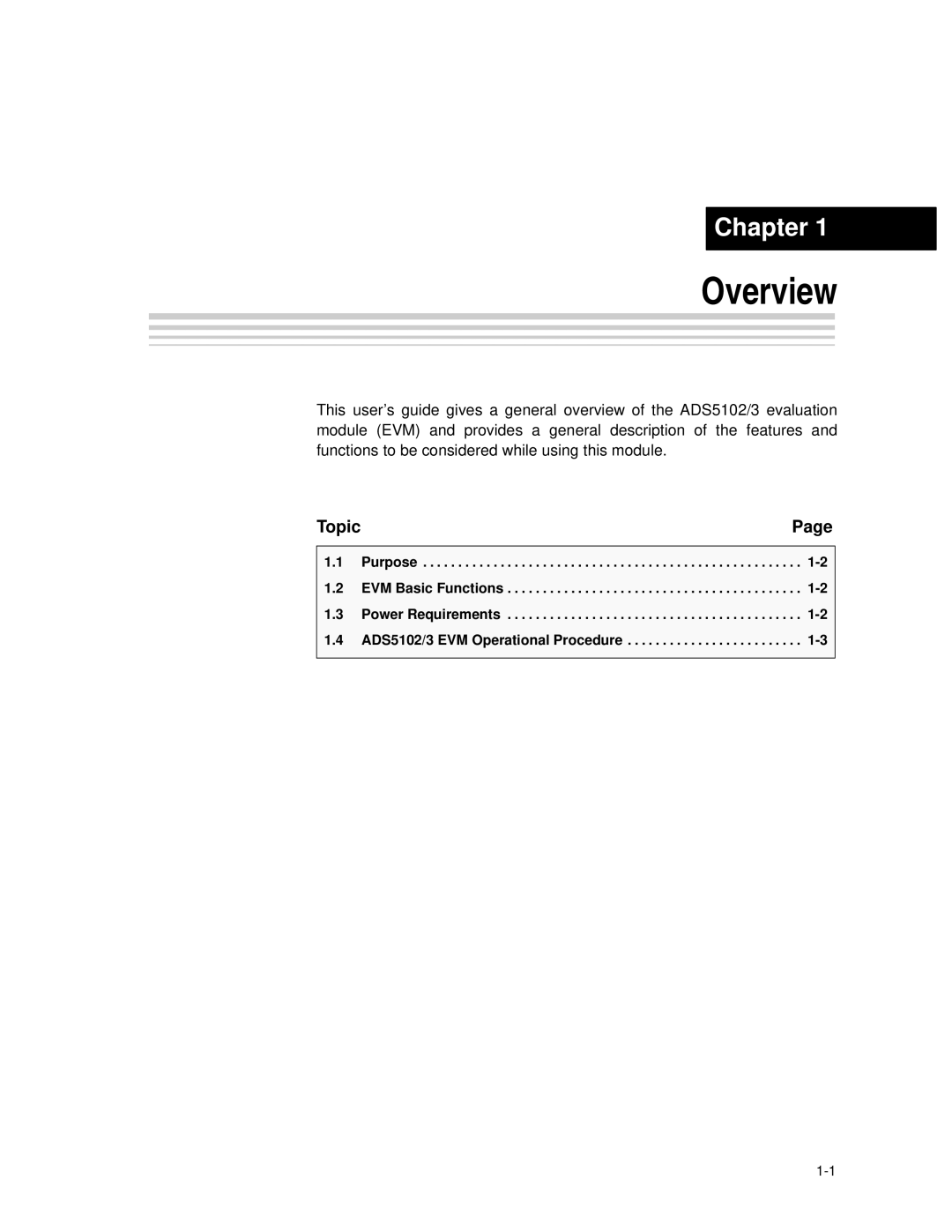 Texas Instruments ADS5103 EVM, ADS5102 EVM manual Overview, Topic 