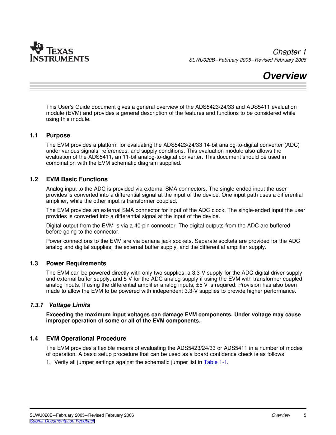 Texas Instruments ADS5423 EVM, ADS5424 EVM, ADS5433 EVM, ADS5411 EVM manual Overview, Purpose, EVM Basic Functions 