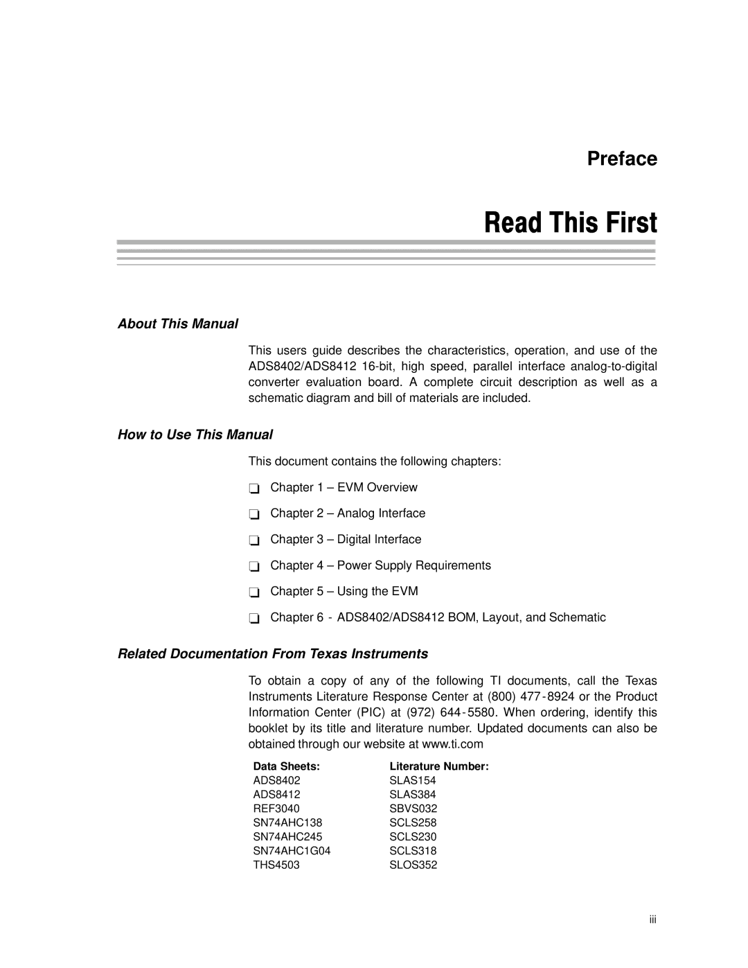 Texas Instruments ADS8402 EVM, ADS8412 EVM manual Read This First, Data Sheets Literature Number 