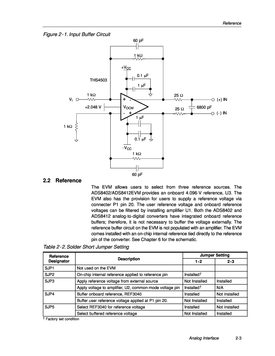 Texas Instruments ADS8402 EVM, ADS8412 EVM manual Reference, 1. Input Buffer Circuit, 2. Solder Short Jumper Setting 