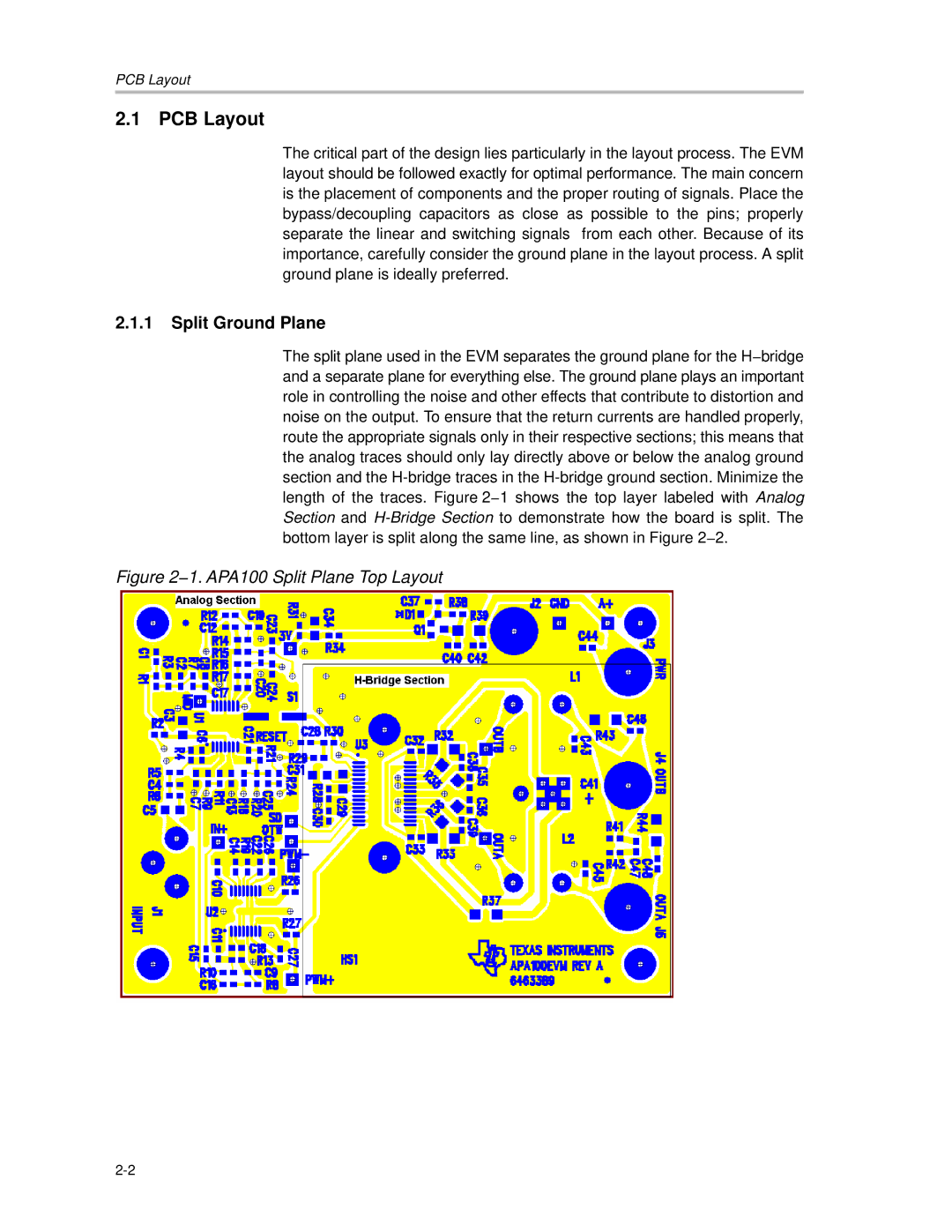 Texas Instruments APA100 manual PCB Layout, Split Ground Plane 