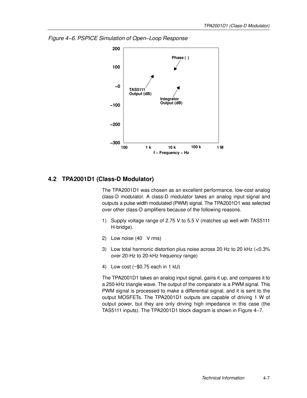 Texas Instruments APA100 manual TPA2001D1 Class-D Modulator, 6. Pspice Simulation of Open−Loop Response 