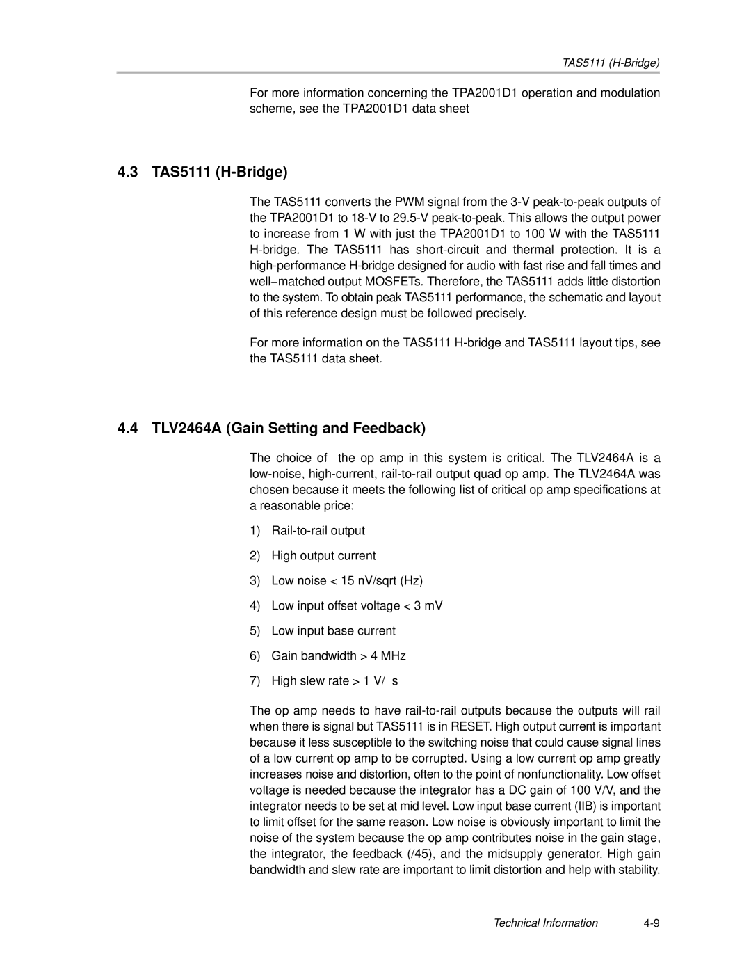 Texas Instruments APA100 manual TAS5111 H-Bridge, TLV2464A Gain Setting and Feedback 