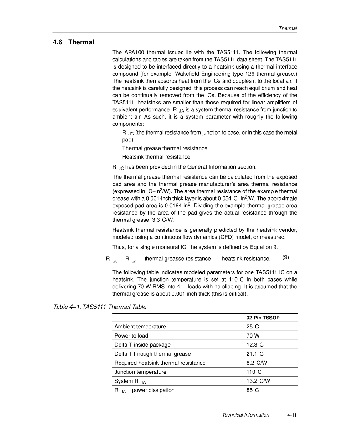 Texas Instruments APA100 manual 1. TAS5111 Thermal Table 