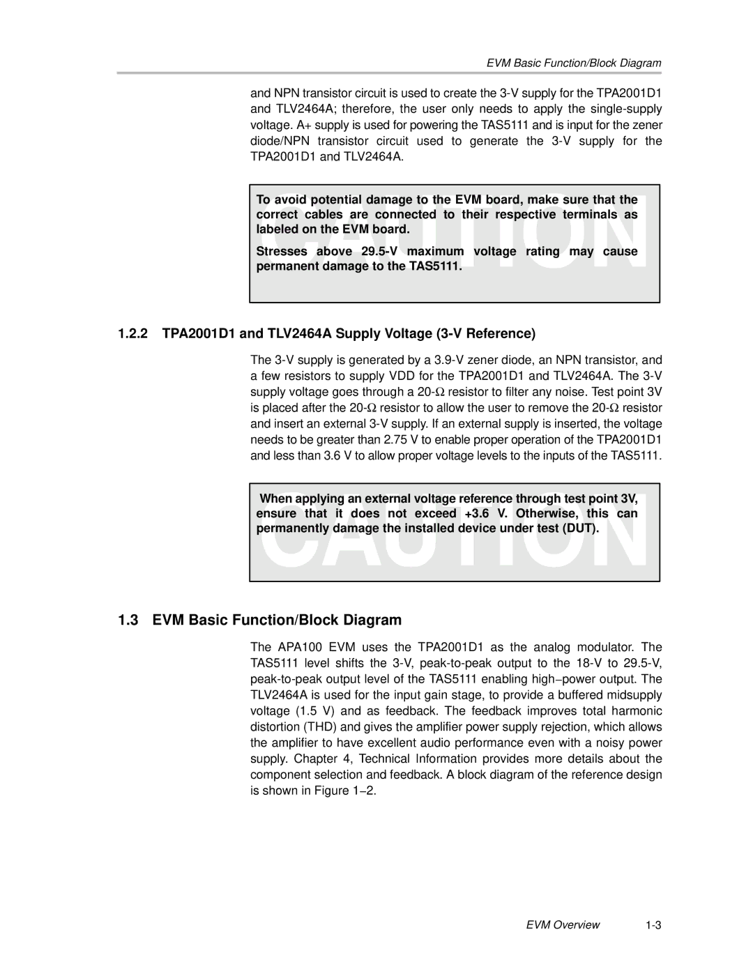 Texas Instruments APA100 manual EVM Basic Function/Block Diagram, 2 TPA2001D1 and TLV2464A Supply Voltage 3-V Reference 