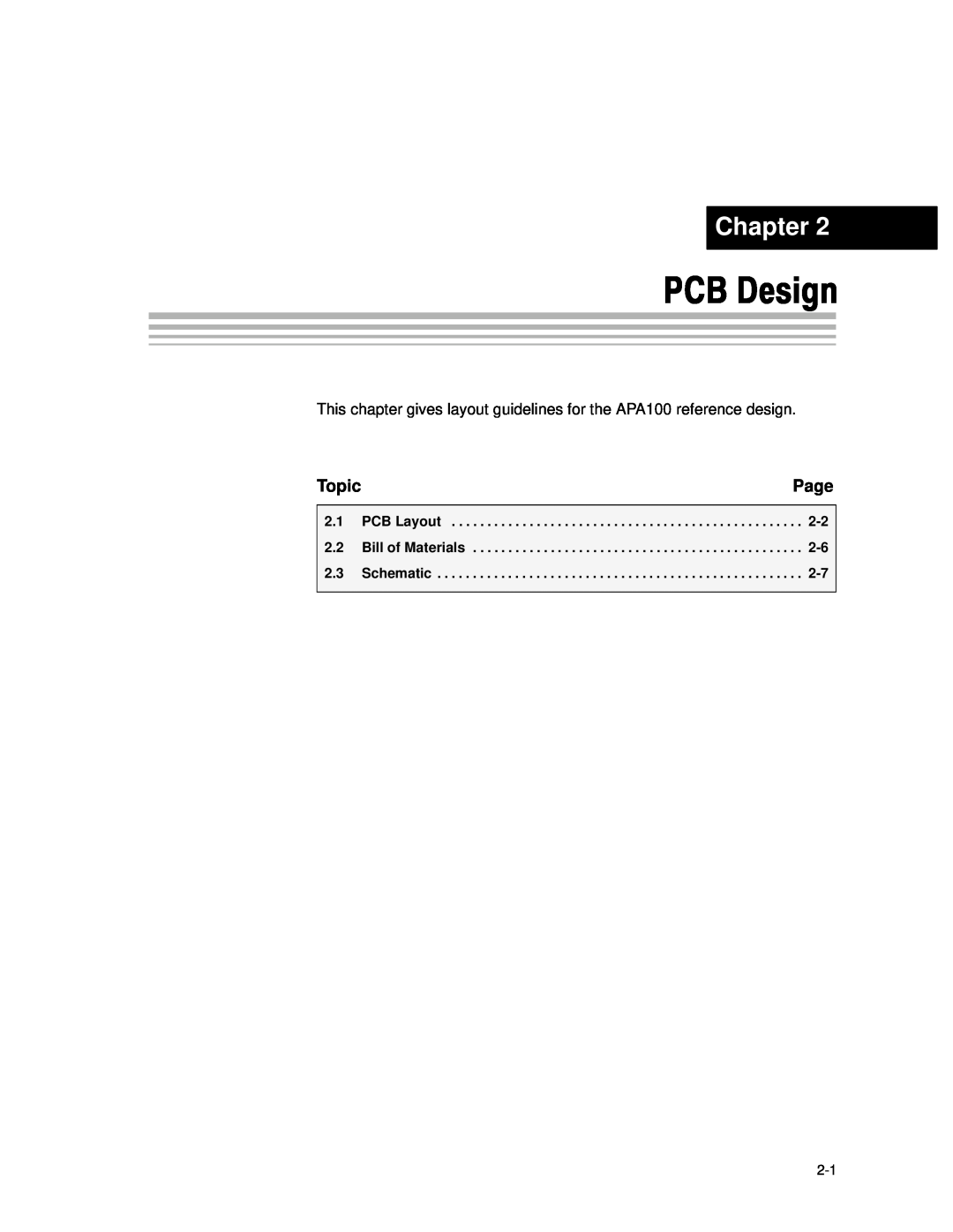 Texas Instruments APA100 manual PCB Design, Chapter, Page, Topic, PCB Layout, Bill of Materials, Schematic 