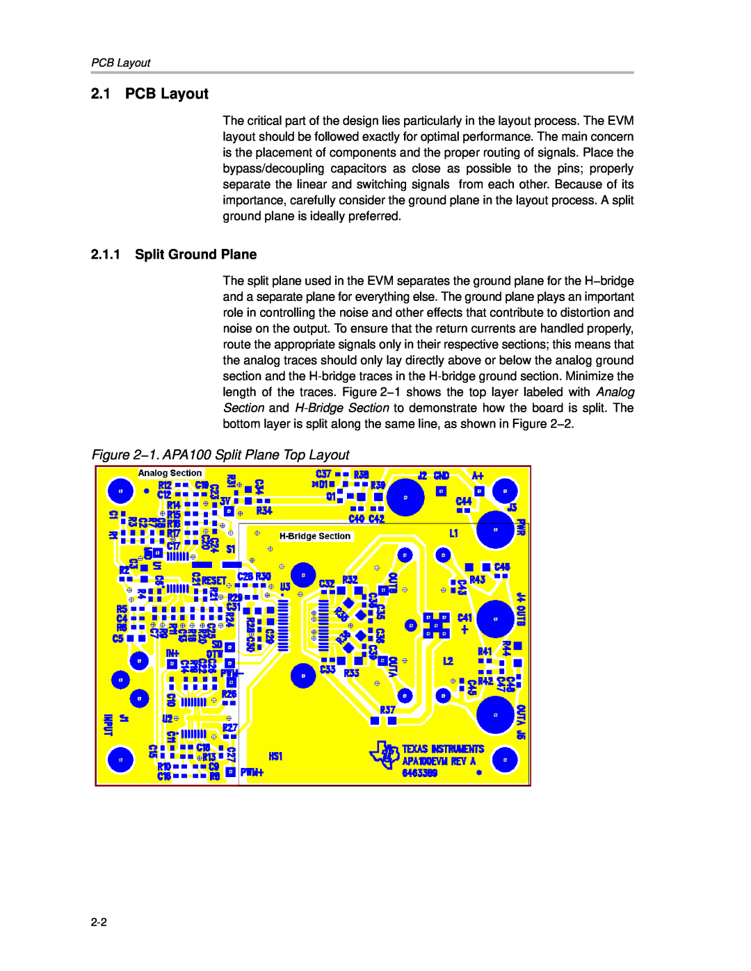 Texas Instruments APA100 manual PCB Layout, 2.1.1Split Ground Plane 