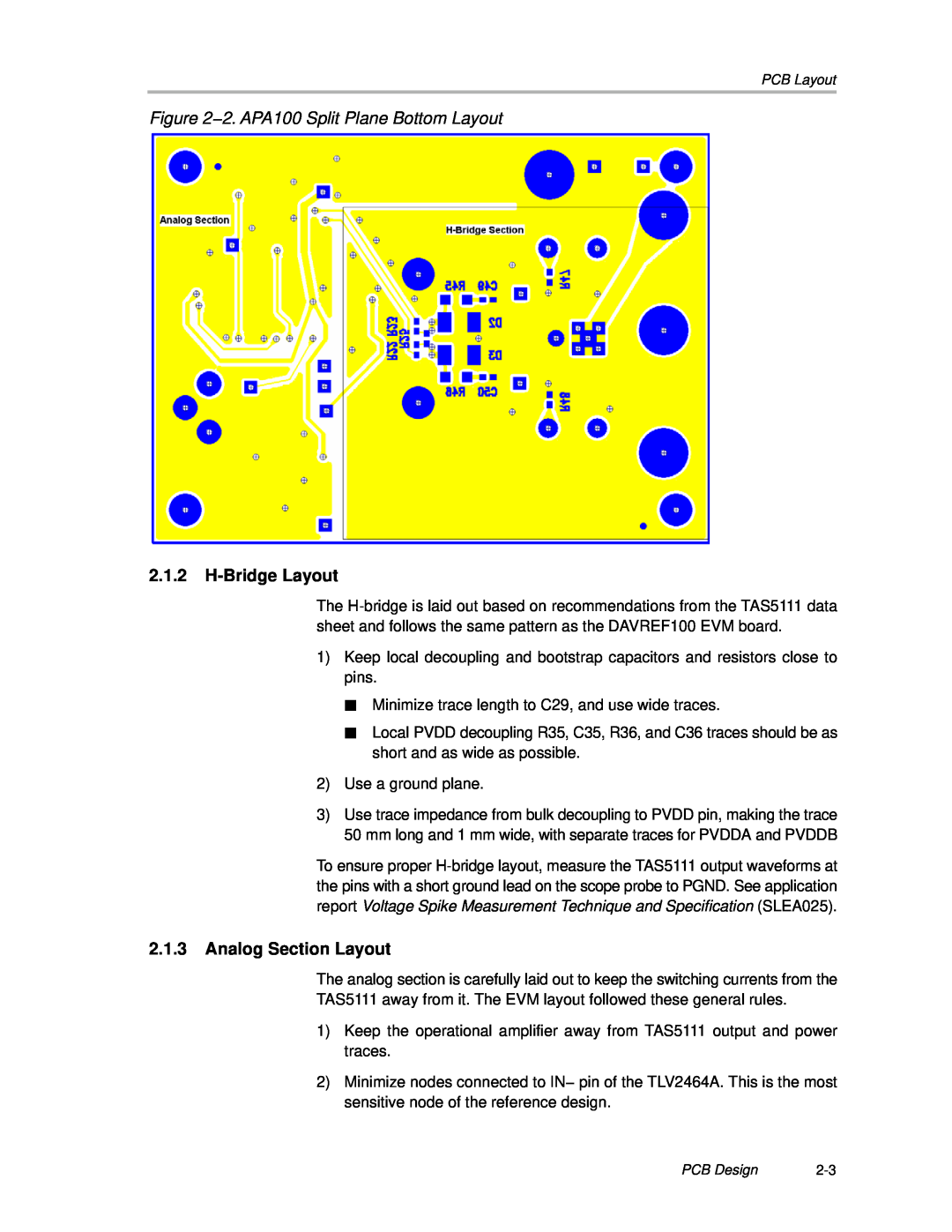 Texas Instruments manual 2.1.2H-BridgeLayout, 2.1.3Analog Section Layout, 2. APA100 Split Plane Bottom Layout 