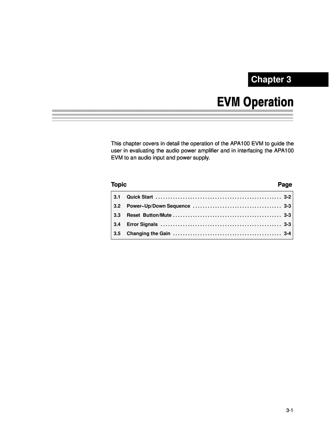 Texas Instruments APA100 manual EVM Operation, Chapter, Page, Topic 