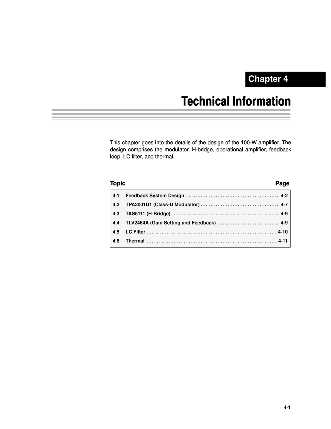 Texas Instruments APA100 manual Technical Information, Chapter, Page, Topic 