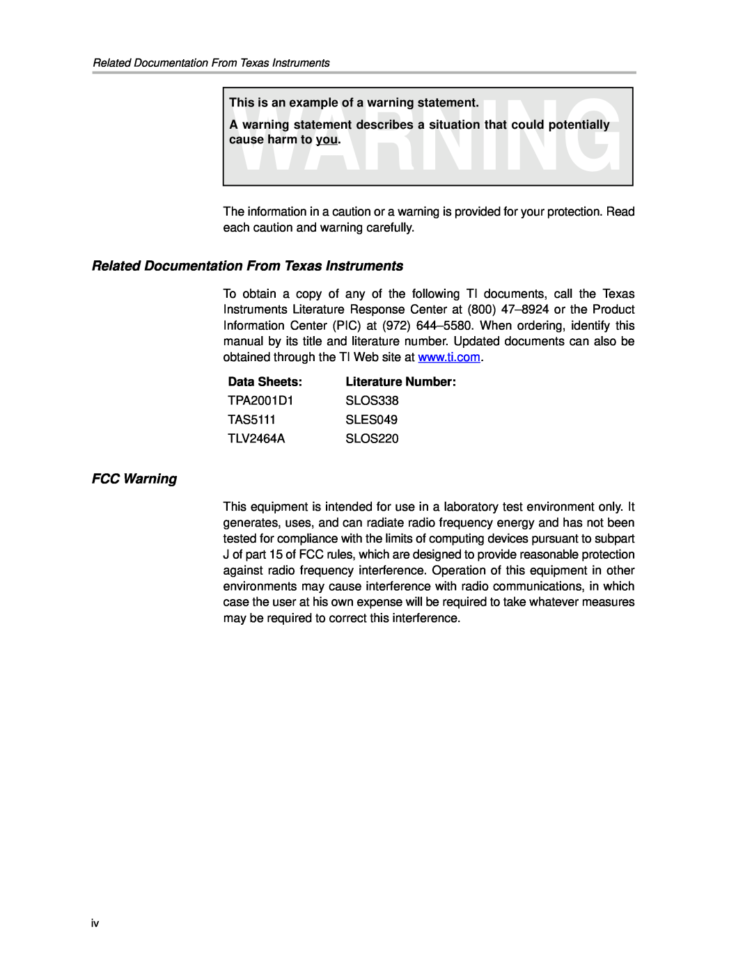 Texas Instruments APA100 manual Related Documentation From Texas Instruments, FCC Warning, Data Sheets, Literature Number 
