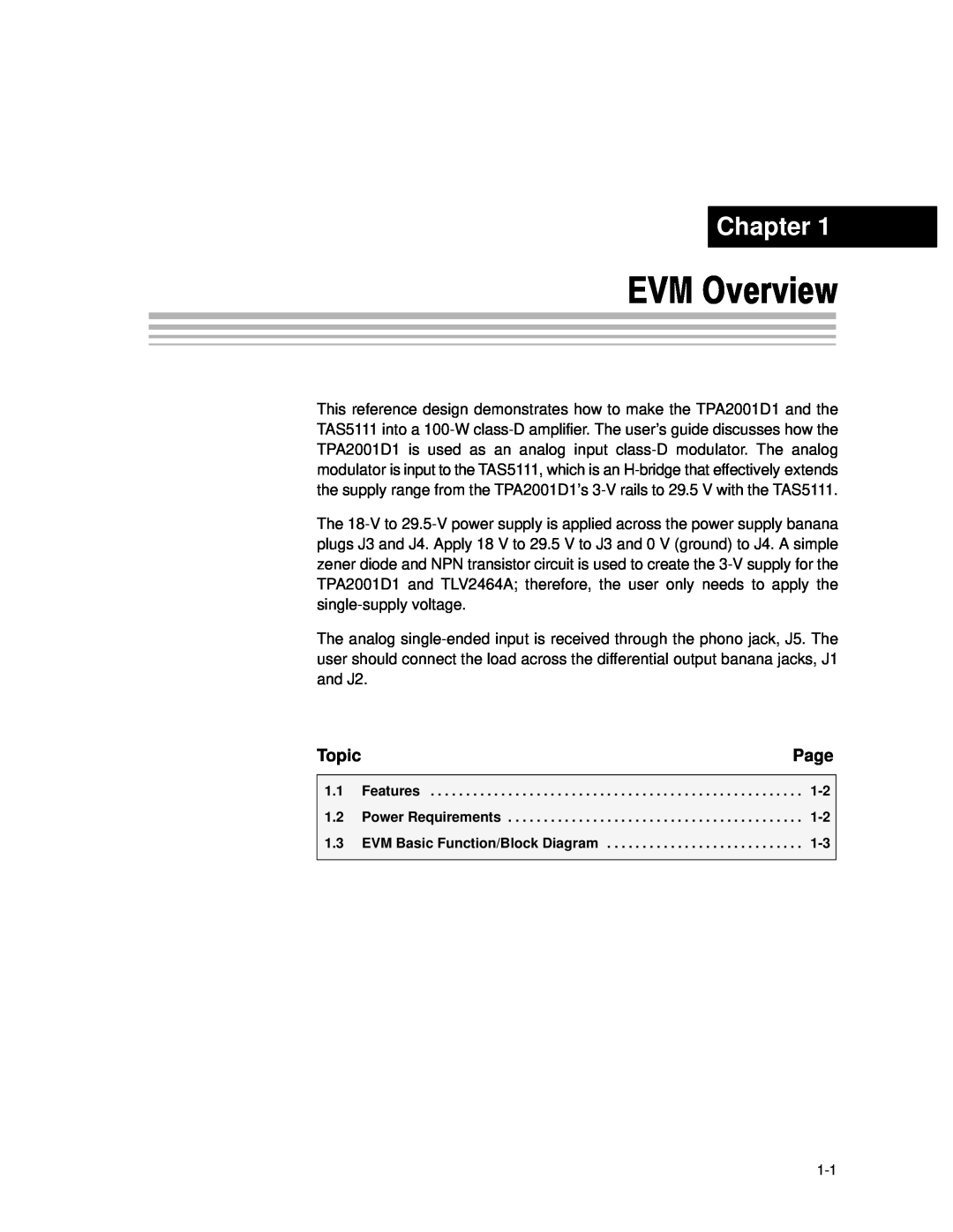Texas Instruments APA100 manual EVM Overview, Chapter, Page, Topic 