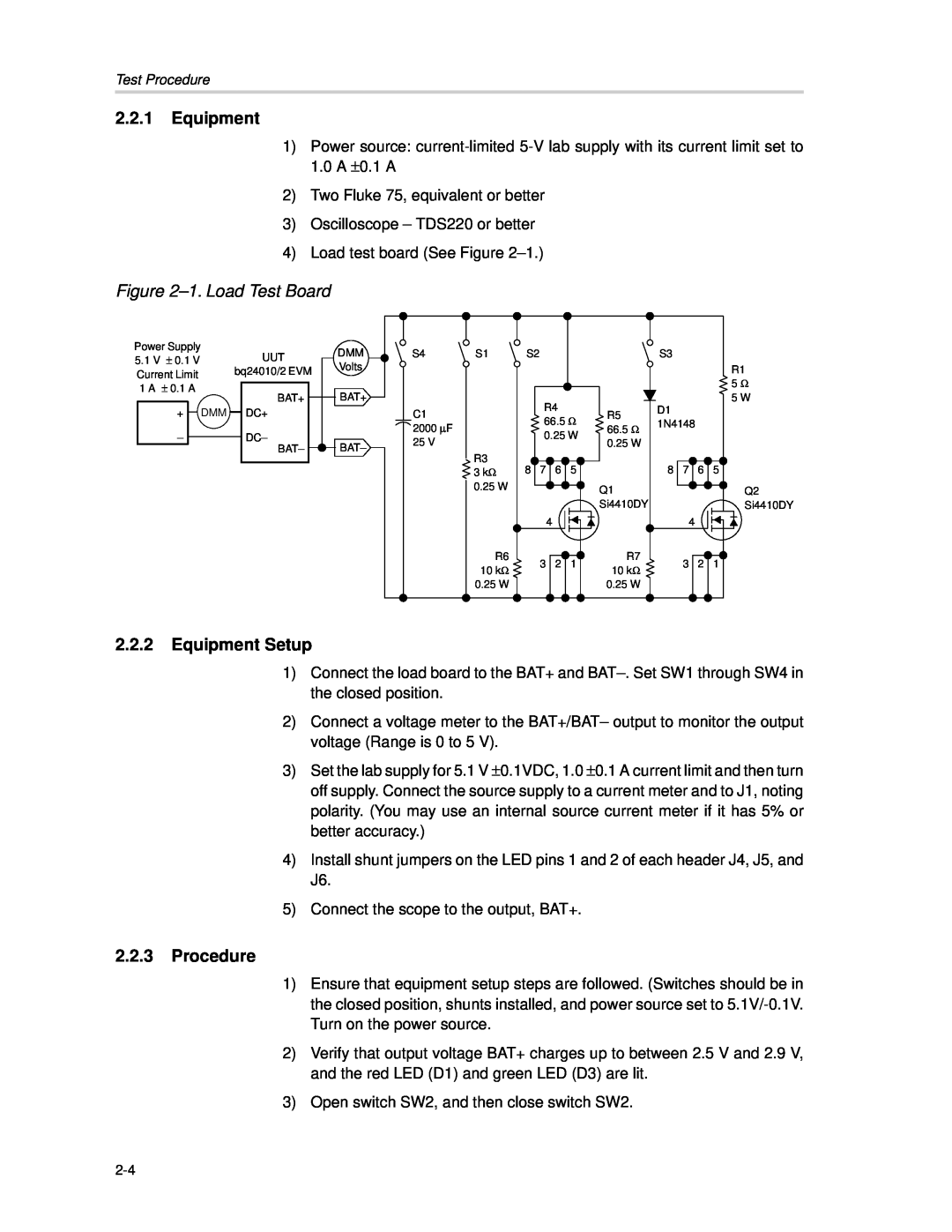 Texas Instruments bq24010/2 manual 1. Load Test Board, Equipment Setup, Procedure 
