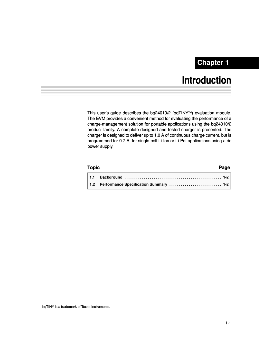 Texas Instruments bq24010/2 manual Introduction, Chapter, Page, Topic 