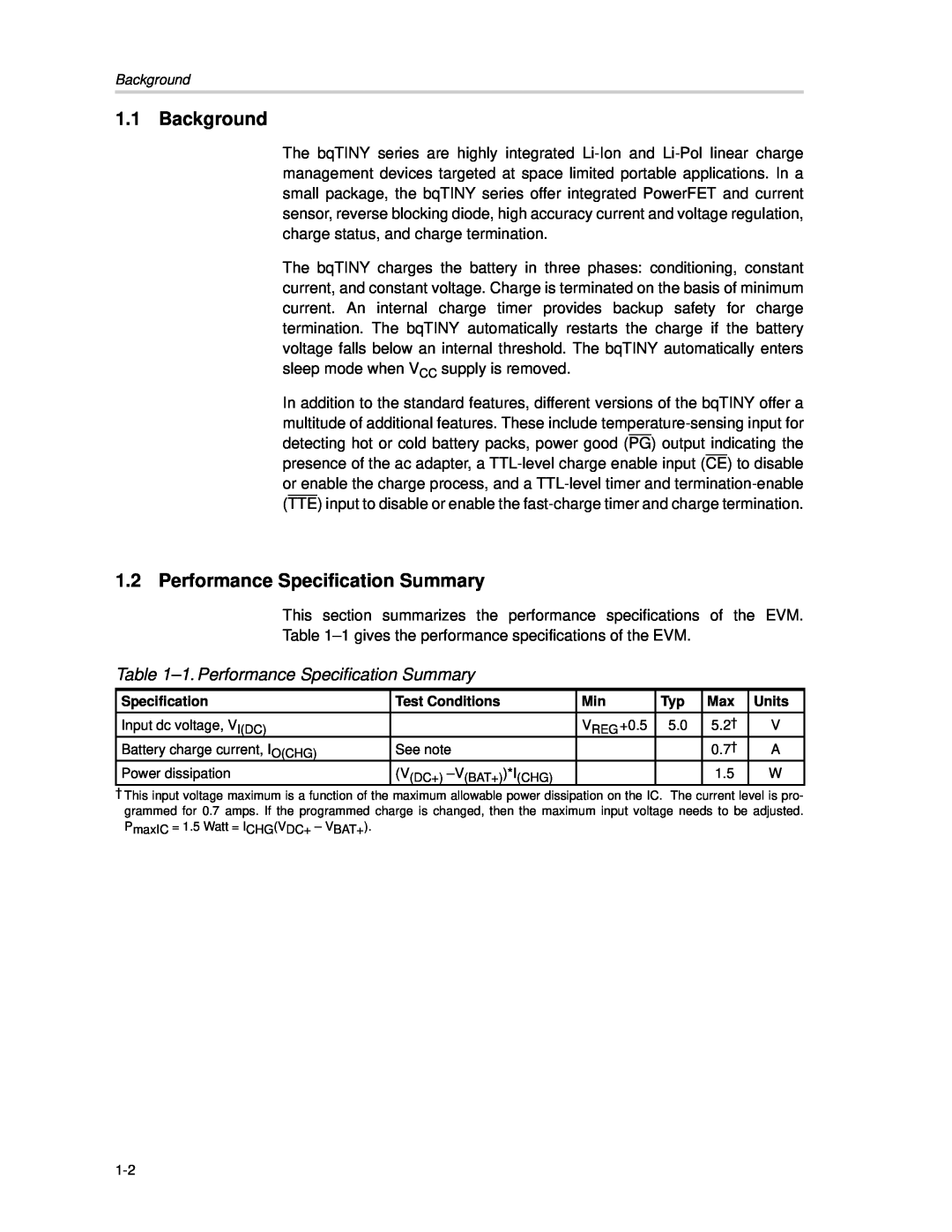 Texas Instruments bq24010/2 manual Background, 1. Performance Specification Summary 
