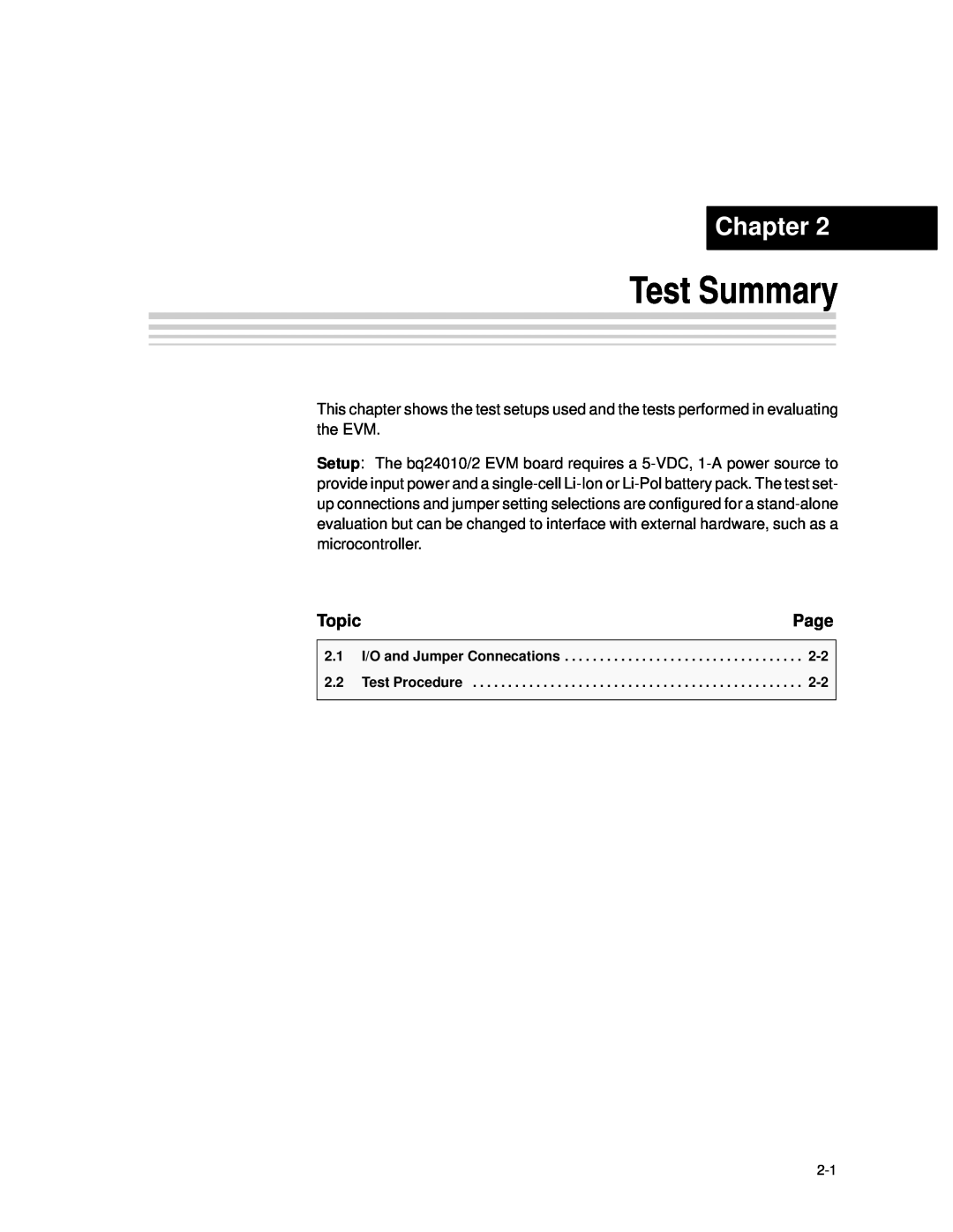 Texas Instruments bq24010/2 manual Test Summary, Chapter, Page, Topic 
