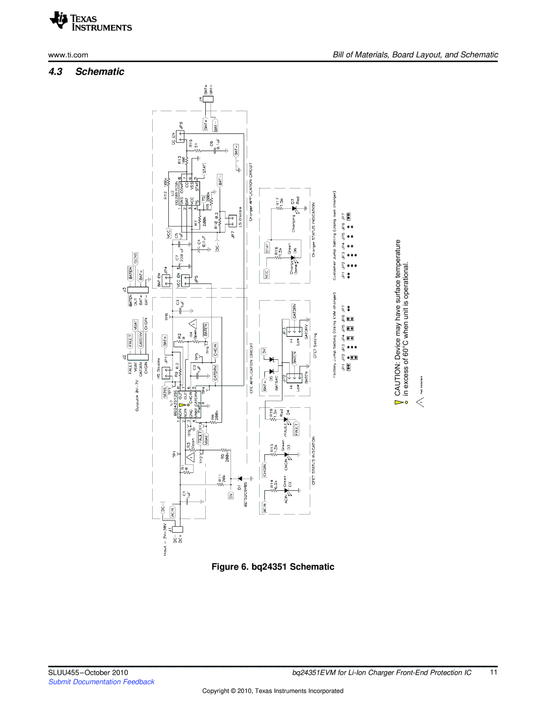 Texas Instruments BQ24351EVM manual Schematic, Have Surface Temperature Unit is Operational 