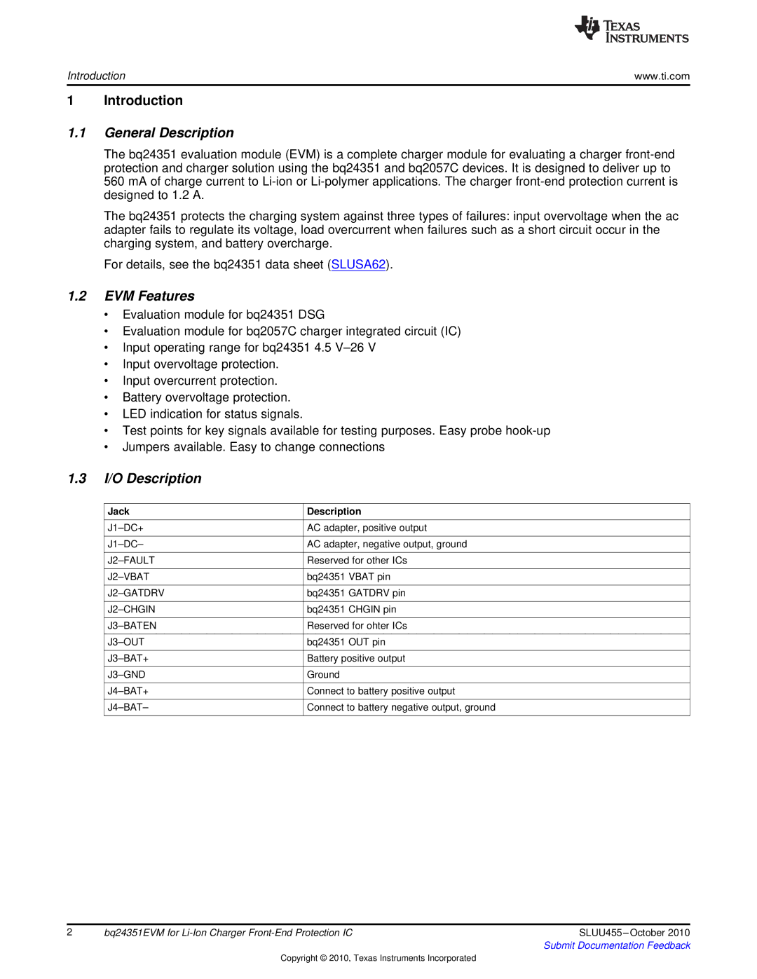 Texas Instruments BQ24351EVM manual General Description, EVM Features, I/O Description, Jack Description 