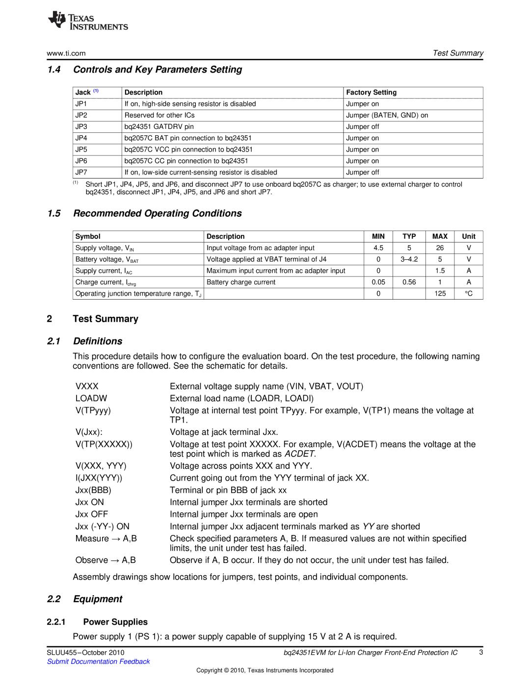 Texas Instruments BQ24351EVM Controls and Key Parameters Setting, Recommended Operating Conditions, Definitions, Equipment 