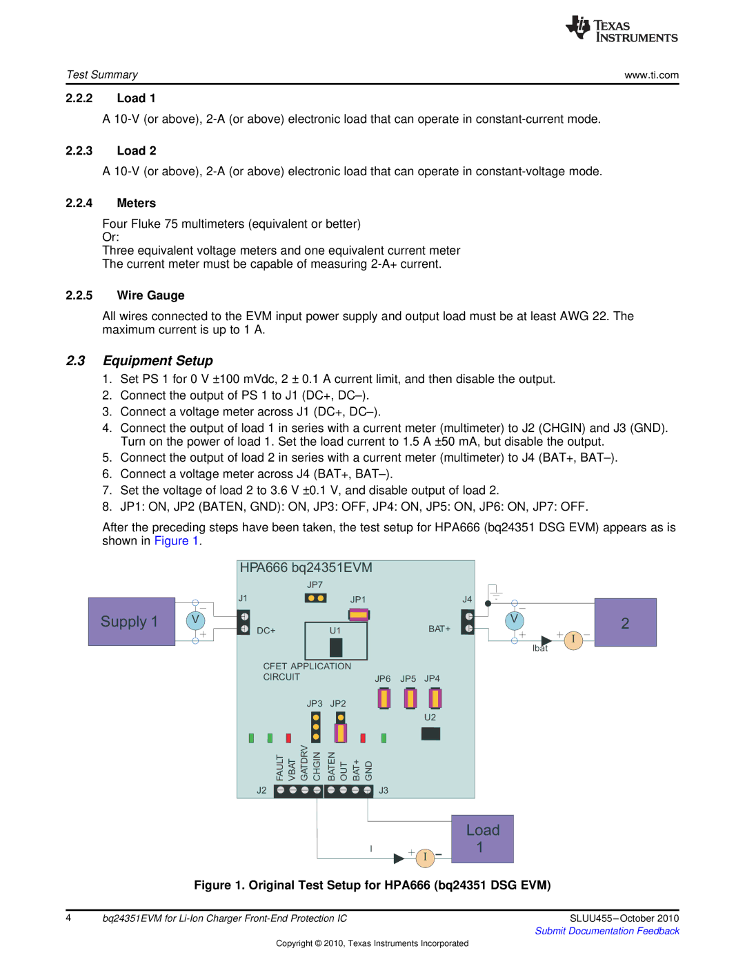 Texas Instruments BQ24351EVM manual Equipment Setup, Load, Meters, Wire Gauge 