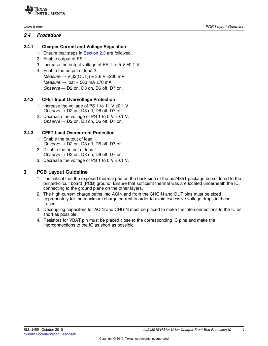 Texas Instruments BQ24351EVM manual Procedure, Charger Current and Voltage Regulation, Cfet Input Overvoltage Protection 